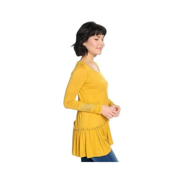 Deep Fuchsia Long Sleeve Scoop Neckline Top with Ruffle Hemline and Lace Detail - Picture 3 of 6